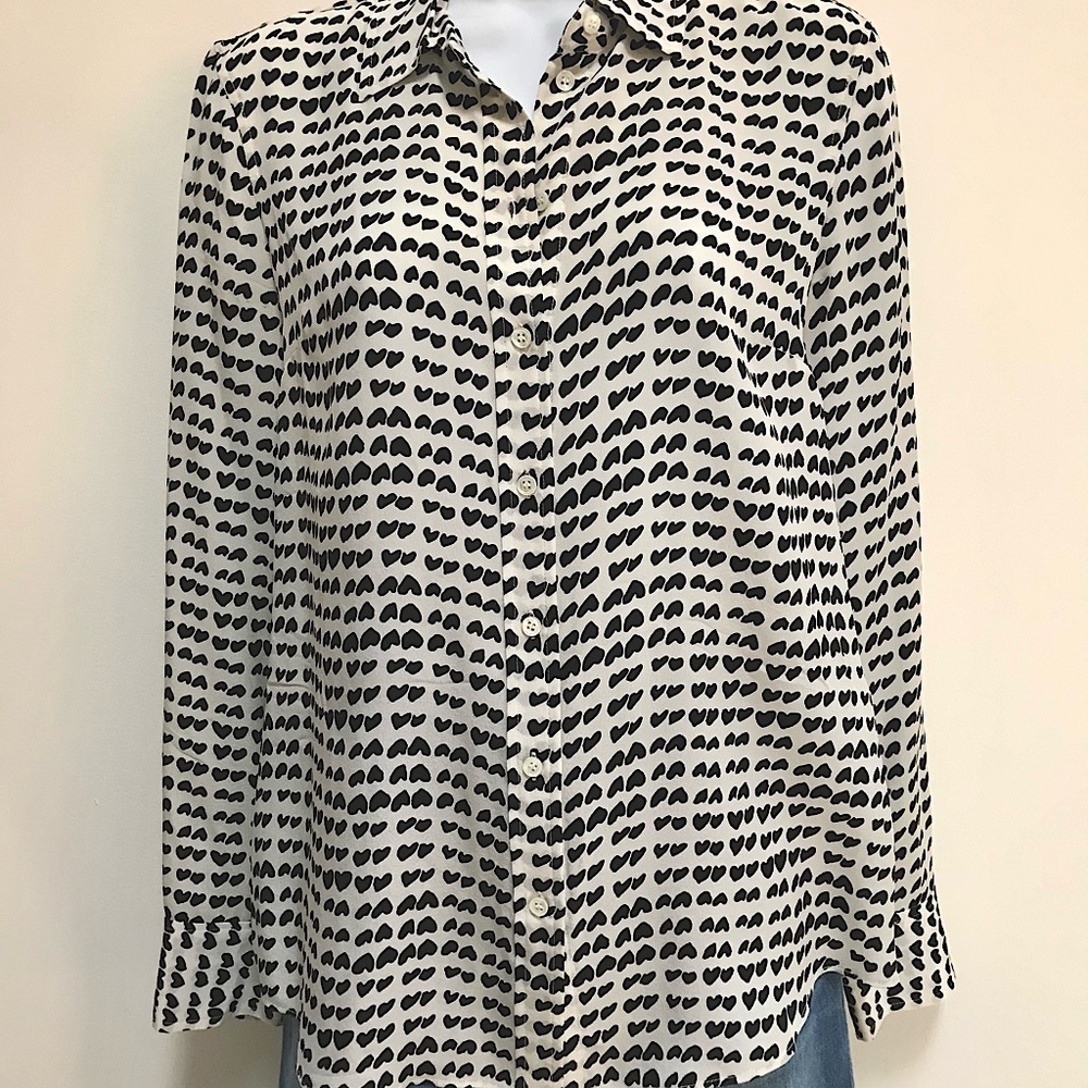 J CREW Whimsical Valentine's Day Heart Pattern 100% Silk Blouse Sz 4